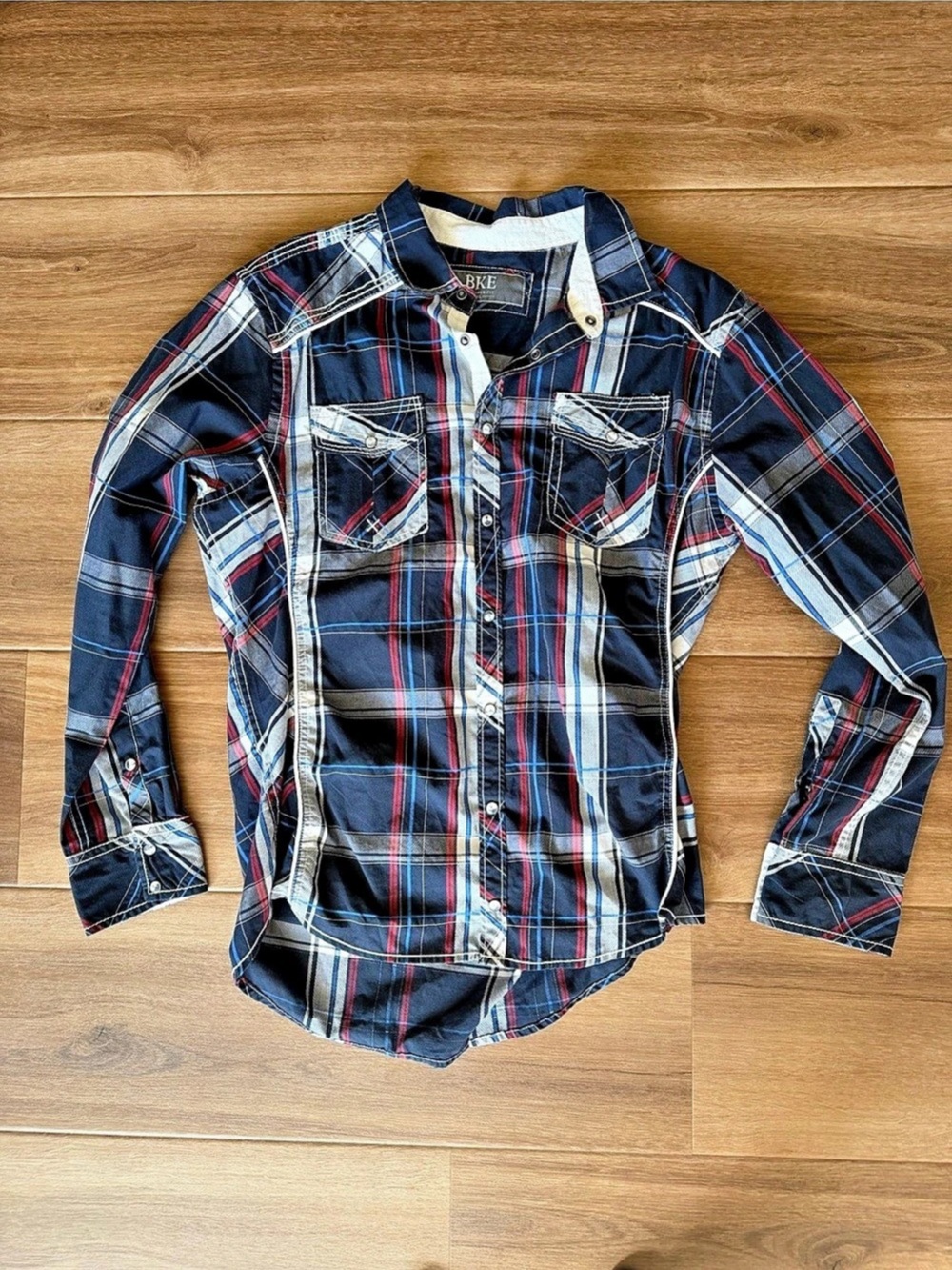 BKE Plaid Snap-Front Shirt in Blue & Red